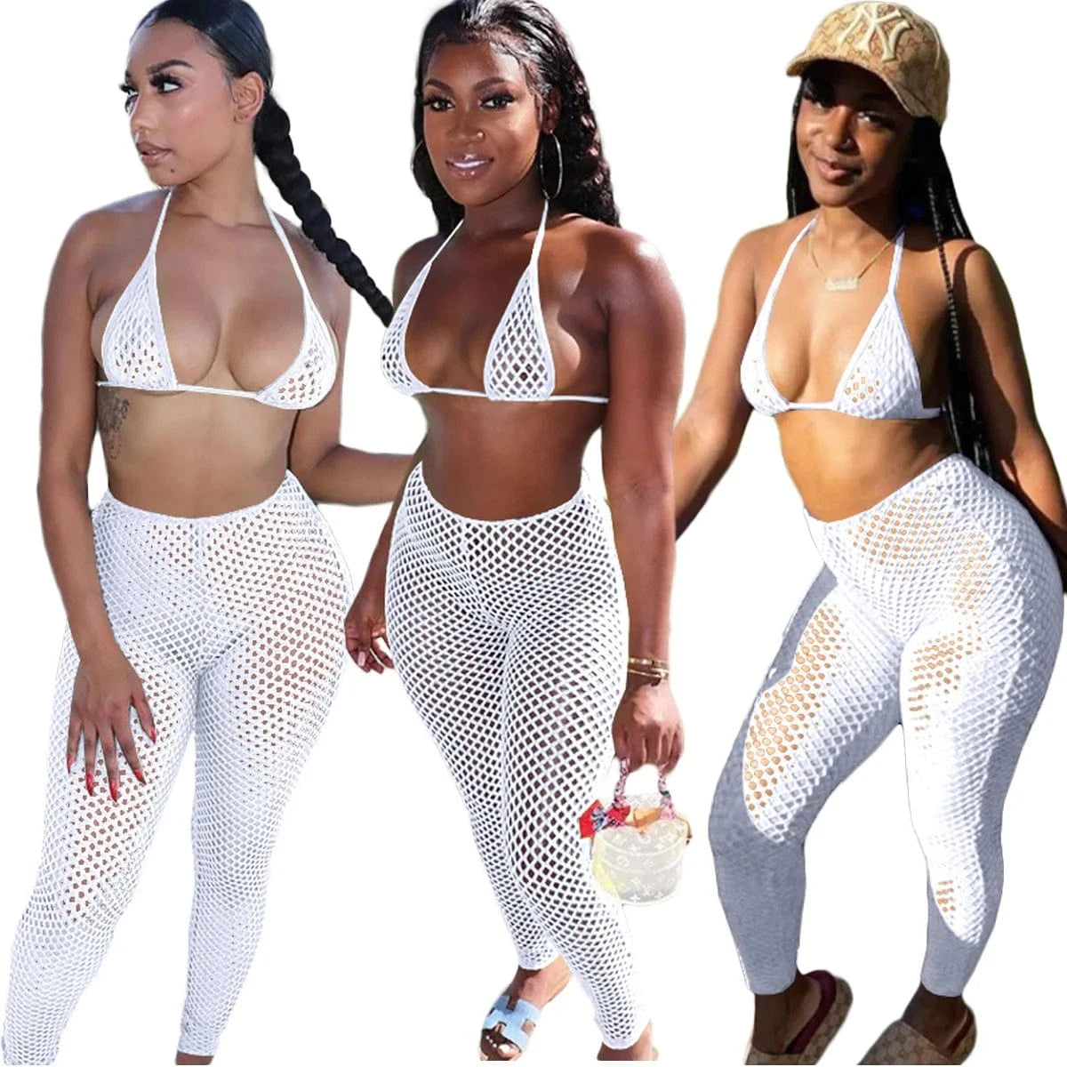 2 XL / White Summer Swimwear & Beachwear Mesh Sexy Beach Wear Ladies Bra Panties pants 3 Piece Set Women Bikinis Outfit With Briefs