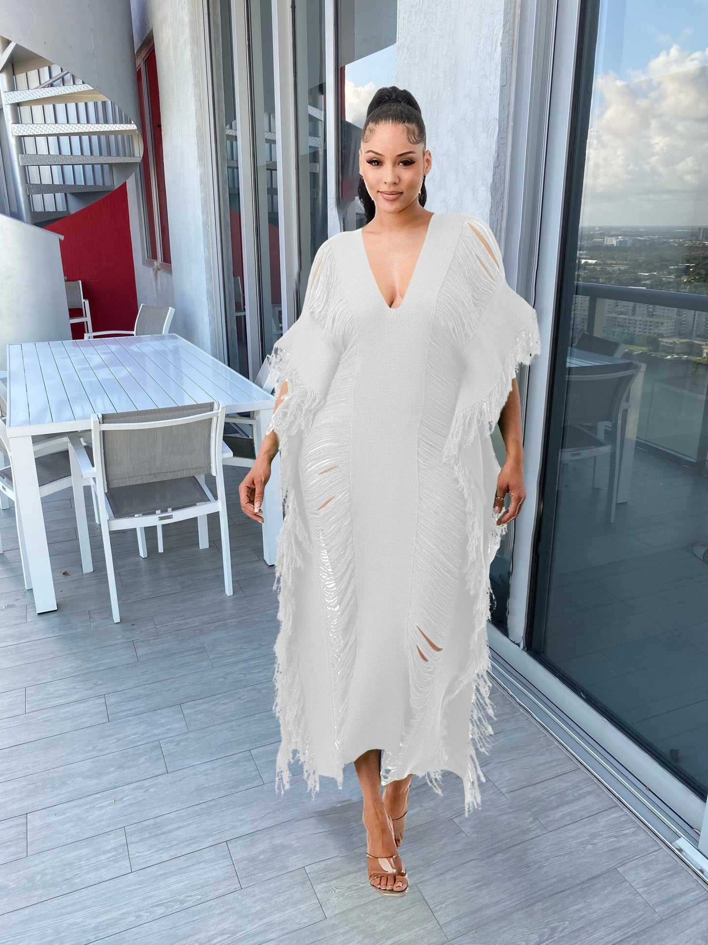 2 XL / White Trendy Women Clothes Solid Color Manual Knitted Sheer Fringed Dress