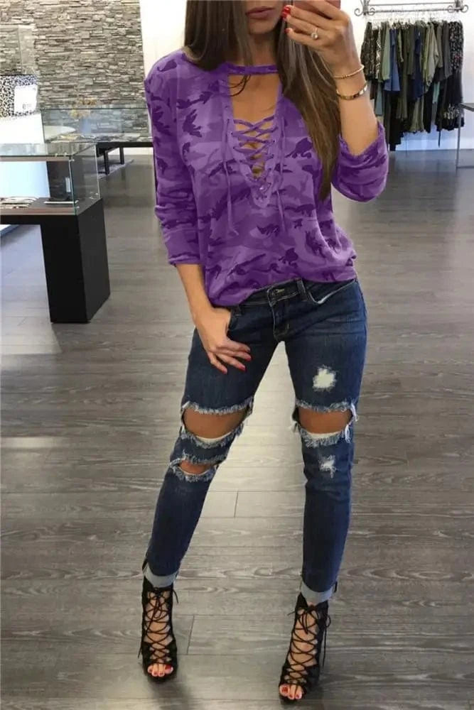 2 XL / White Women Camouflage Shirt Cyan Style Long Sleeve Bust Tie up Halter Neck Blouses Camisa Masculina Loose Blouse ESY2068