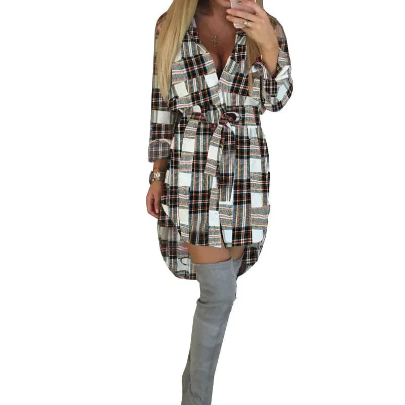 2 XL / White Women Long Sleeve Plaid Shirts Blouses Women's Lapel Button Mid-Length Long Shirt Lady New Fashion Casual Tops Shirt