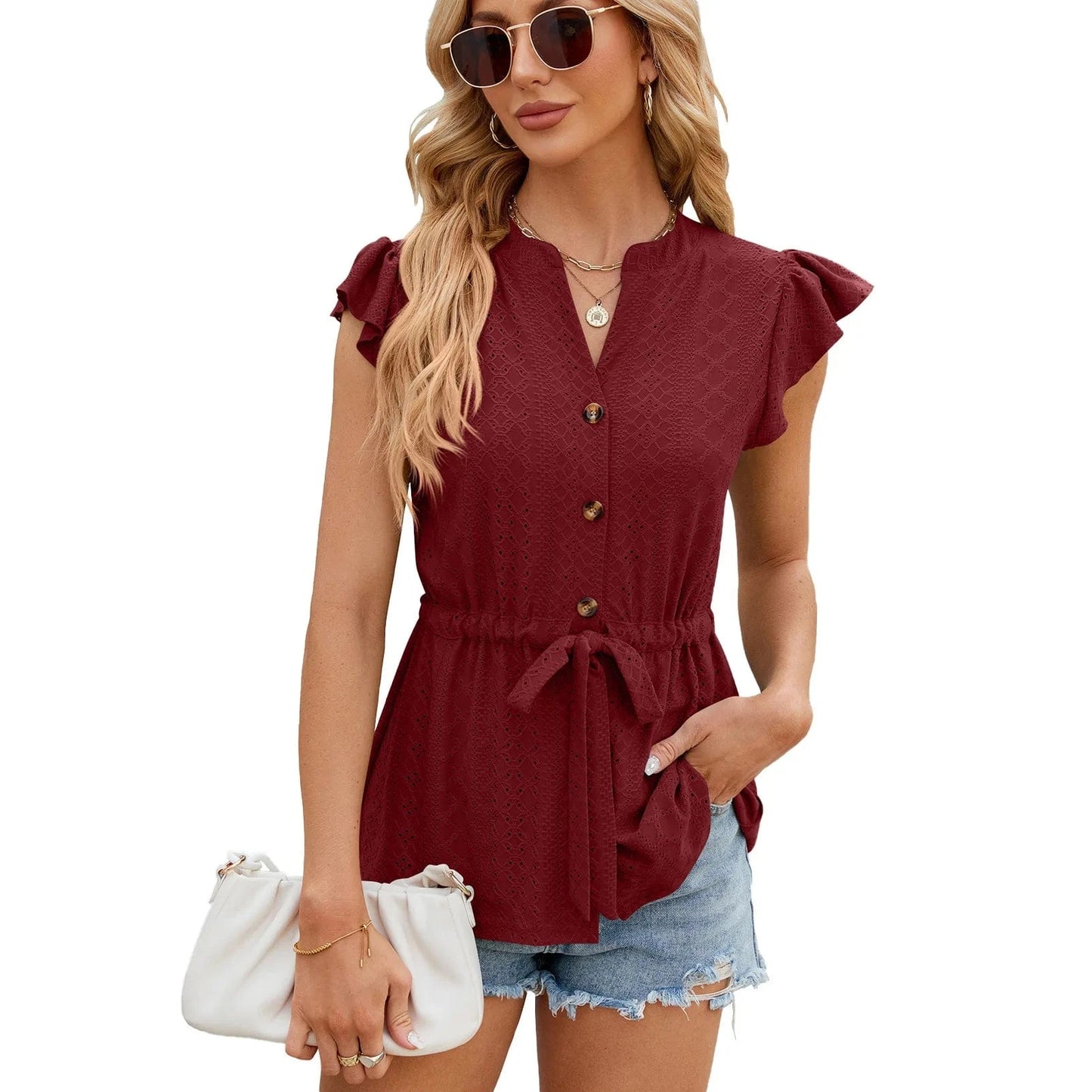 2 XL / wine red 2024 Women Lady Girls  Spring And Summer New Solid Color Button Lace-up Loose T-shirt Top Cardigan for Women