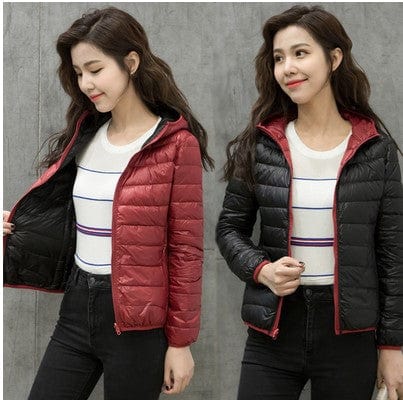 2 XL / Wine Red Black Female Double-sided Women's Light And Short White Duck Down Fashion Hooded Warm Winter Coat Autumn New Double-Sided Jacket