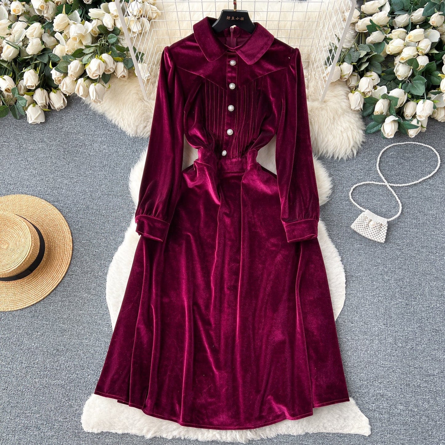 2 XL / wine red Fall New French Retro Hepburn Style Lapel Single Breasted Velvet Dress Woman