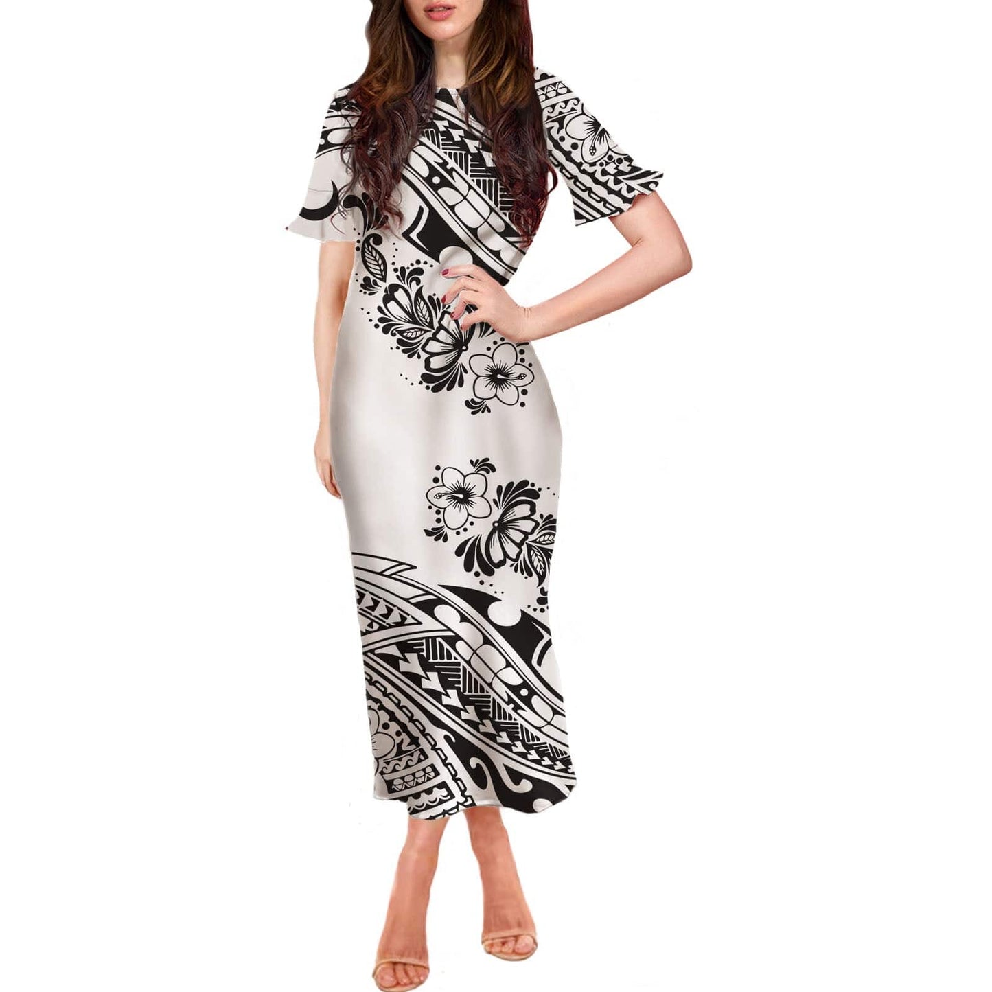 2 XL / XMGW3814D90 Stretchy Women Sexy Dresses Samoan Polynesian Print Summer Customize Dresses Ruffle Short Sleeve Casual Long Womens Party Dress