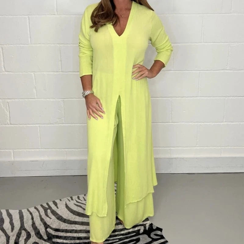 2 XL / Yellow 2023 New Fashion Casual Comfortable Elegant Two Piece Split Long Shirt And Pants Sets Women