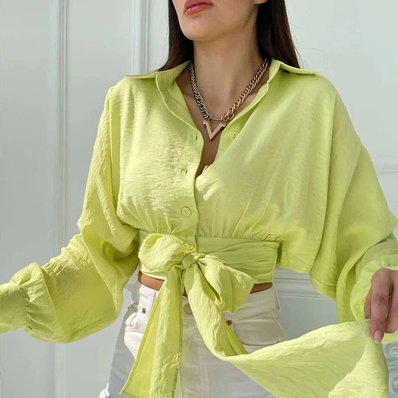 2 XL / Yellow 2023 Spring Summer New Women's Lace-up Long Sleeved Crop Top Loose Women's Batwing Sleeve Blouses Shirts