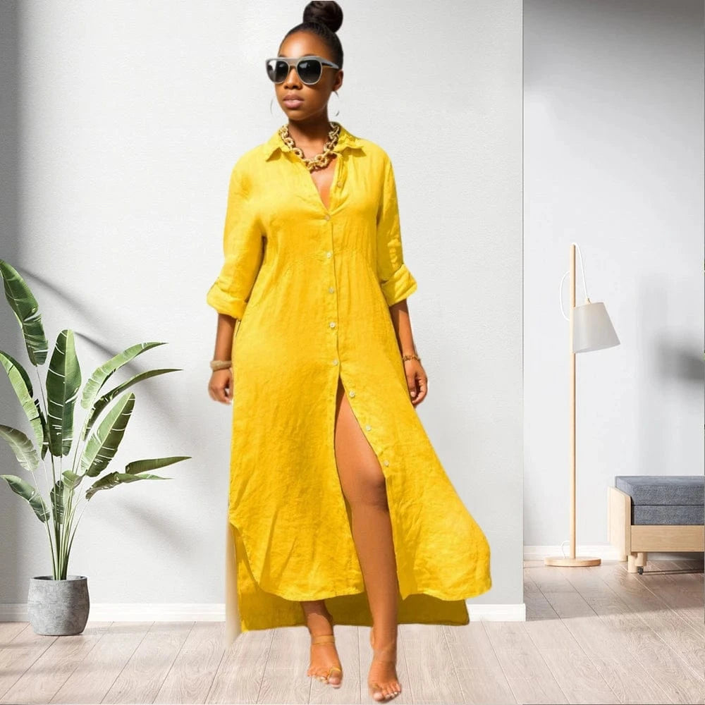 2 XL / Yellow 20409-MX83 ladies 4 colors shirts style long casual dresses sehe fashion