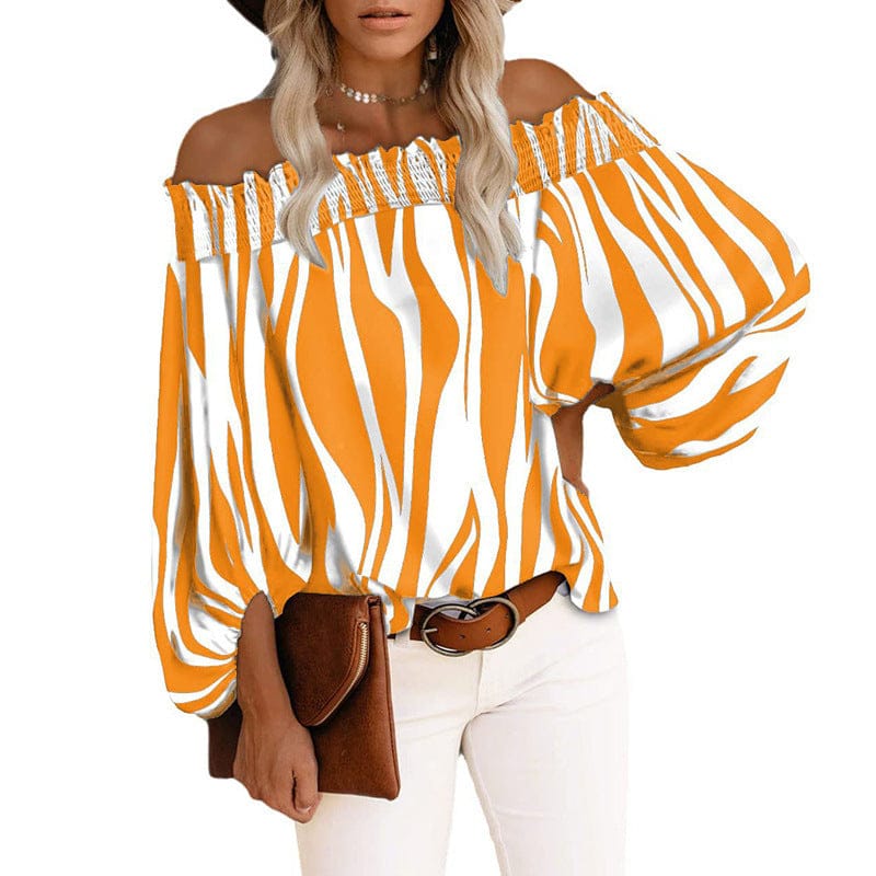 2 XL / Yellow Amazon hot summer autumn new European American striped sexy off-shoulder chiffon shirt