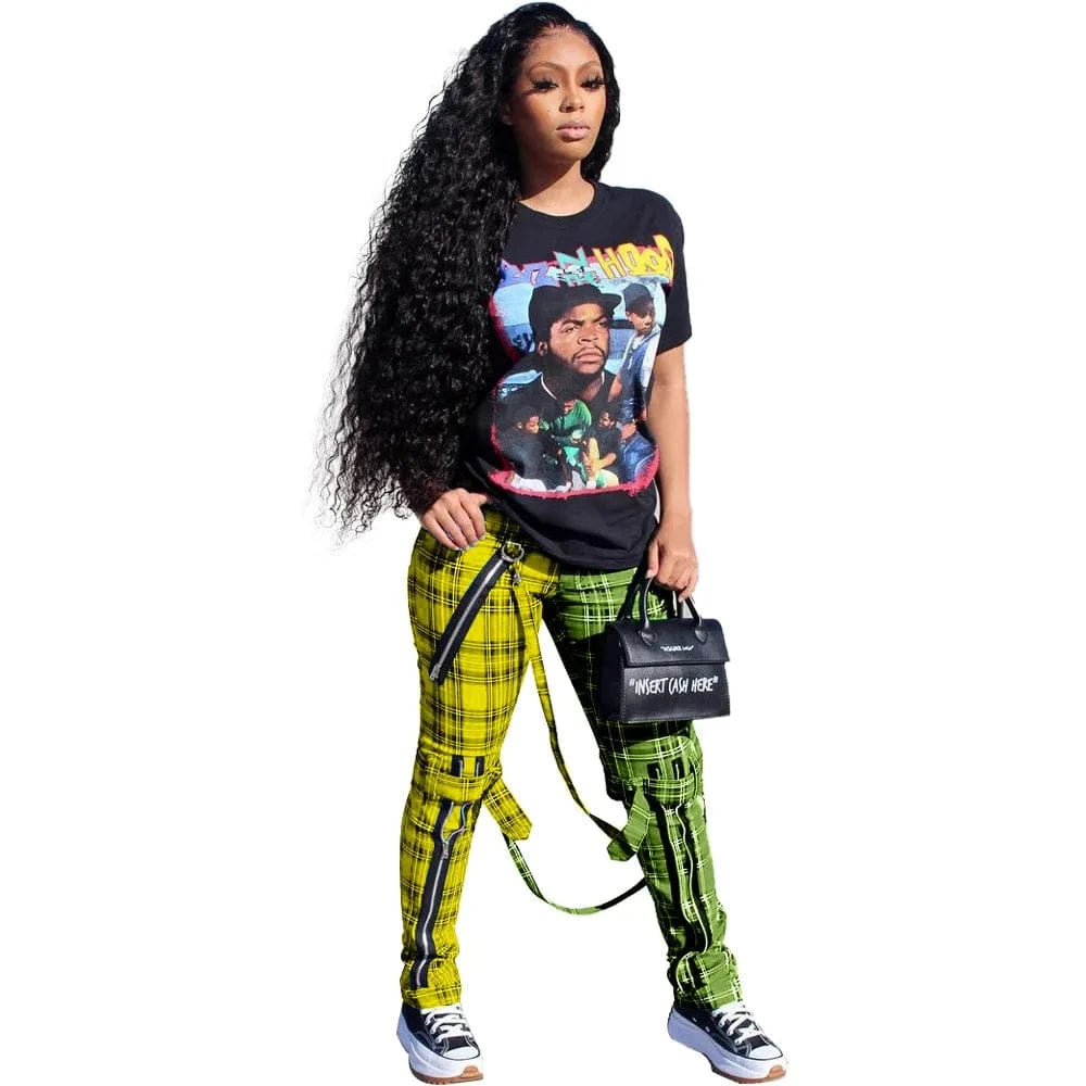 2 XL / Yellow Designer Trendy Print Patchwork Plaid Women's Pants Trousers Hip Hop Y2K Casual Ladies Zipper Stylish Ladies Pants With Straps