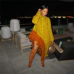 2 XL / Yellow Fall Women Clothes Casual Plaid Irregular Loose Long Dress Shirt Dress