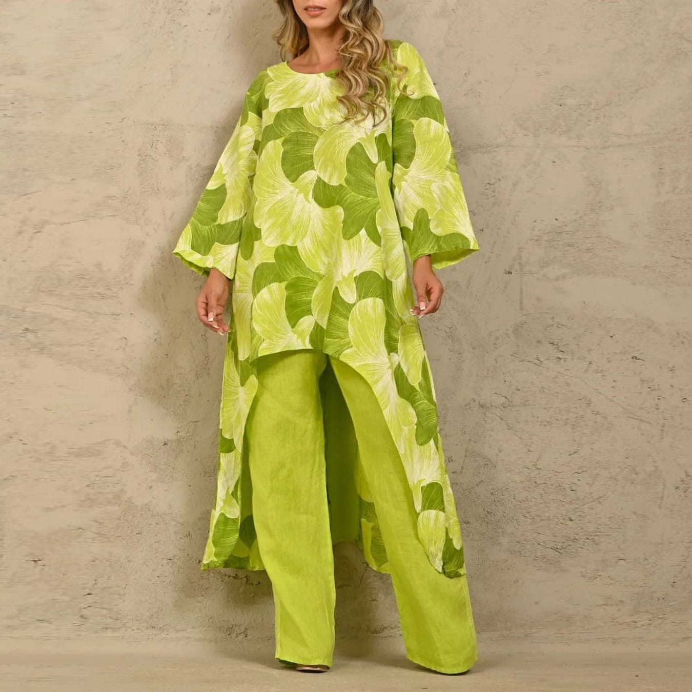 2 XL / Yellow In Stock 2023 new women's fashion casual loose large print irregular top and straight pants suit