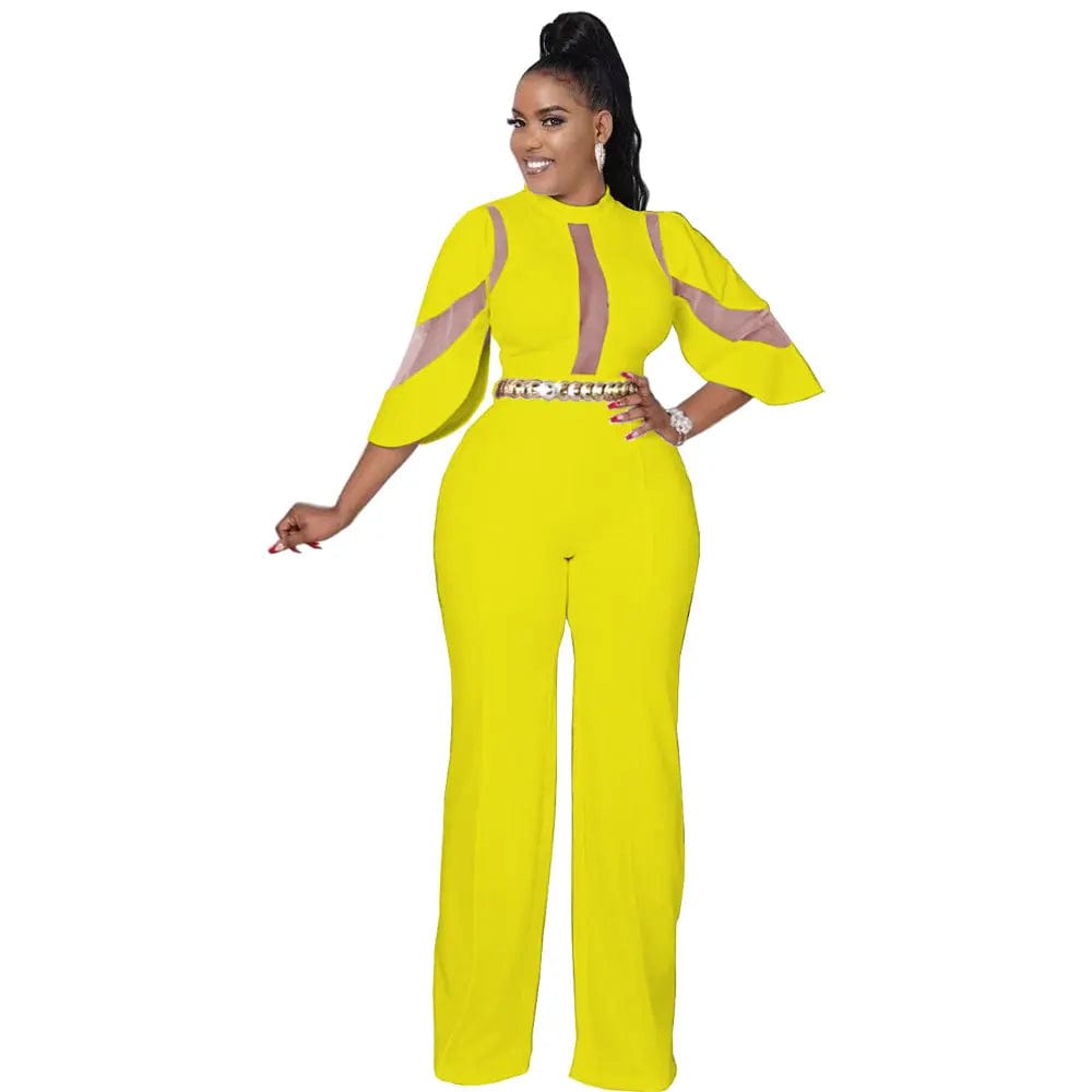 2 XL / Yellow Jumpsuit Women Fashion Solid Jumpsuits for Womens Diagonal Collar Ruffle Half Sleeves Slim Wide Leg Pants Mid Waist
