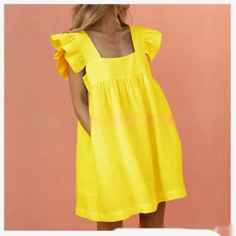 2 XL / Yellow S-XXL Summer New Dress Fragmented print color blocking square neck ruffle edge sleeve solid color large hem dress