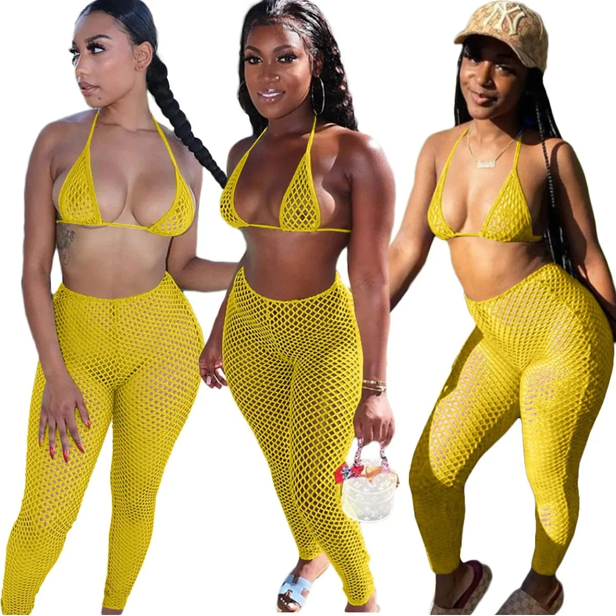 2 XL / Yellow Summer Swimwear & Beachwear Mesh Sexy Beach Wear Ladies Bra Panties pants 3 Piece Set Women Bikinis Outfit With Briefs