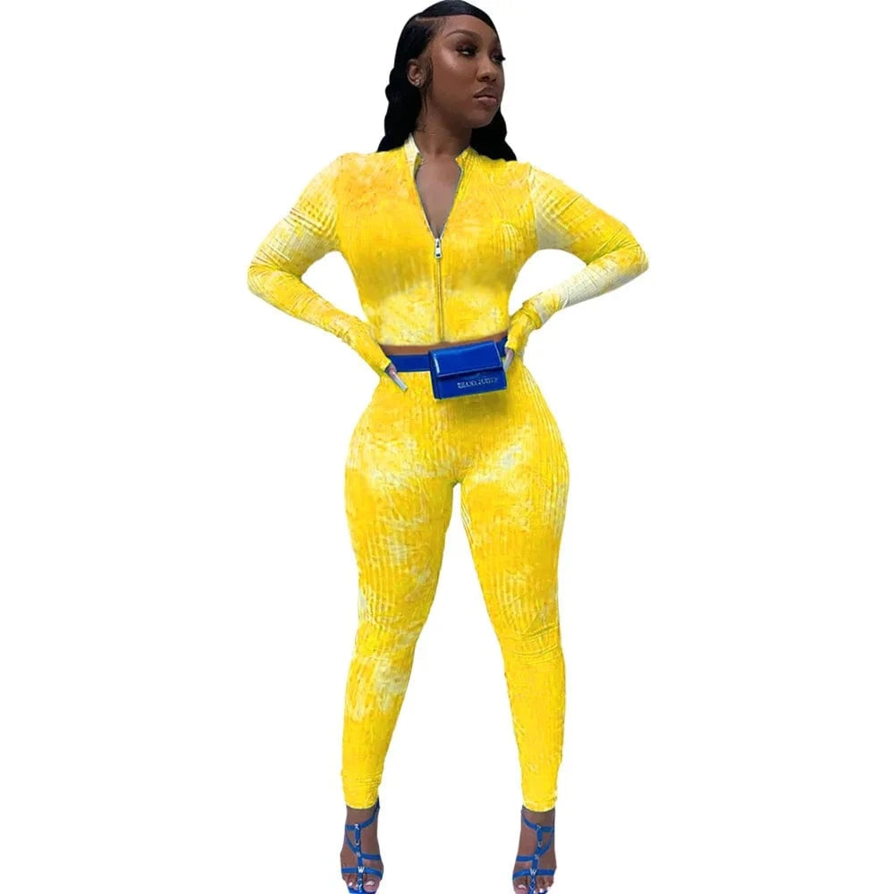 2 XL / Yellow Two Piece Womens Suits Tie Dye Tracksuit Womens Jogging Set 2 Piece Tie dye Printing Pants Women Clothing Two Piece Set