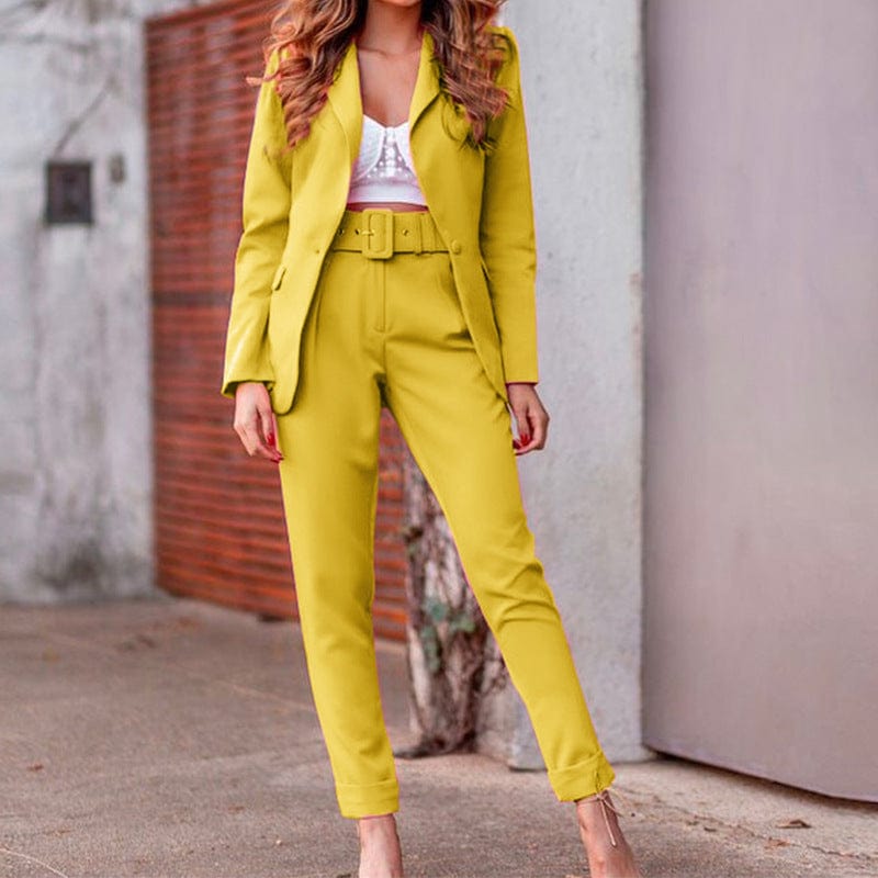 2 XL / Yellow Women's Blazers Casual Fashion Long Sleeve Coats Pant Set Women High Waist Outwears Pants Suit