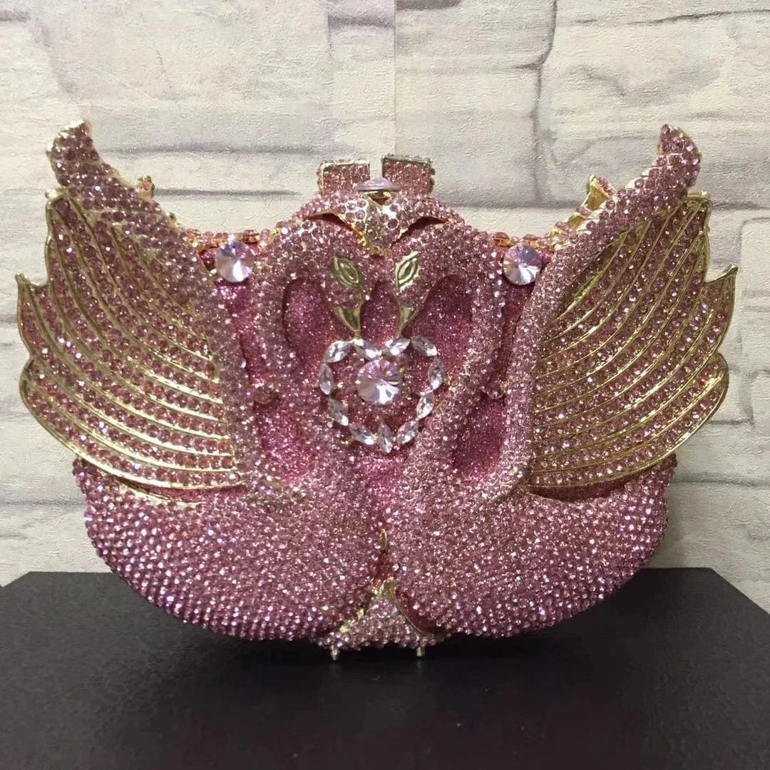 20*13*5cm / Pink1 Luxury Blue&Silver Women Swan Clutch Crystal Evening Bags Wedding Party Dinner Bling Purse Ladies Rhinestone Minaudiere Handbag