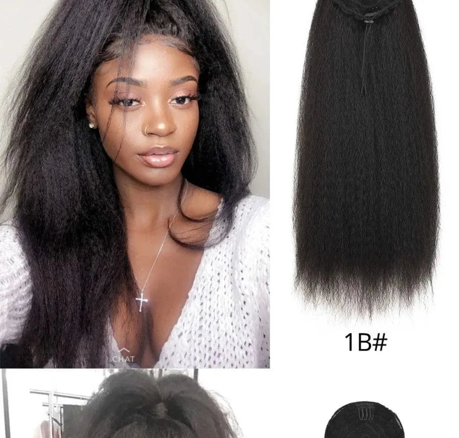 20 Inches / #1b Kinky Straight Drawstring Ponytails for Women Kinky Ponytail human hair Clips in Ponytail Extension
