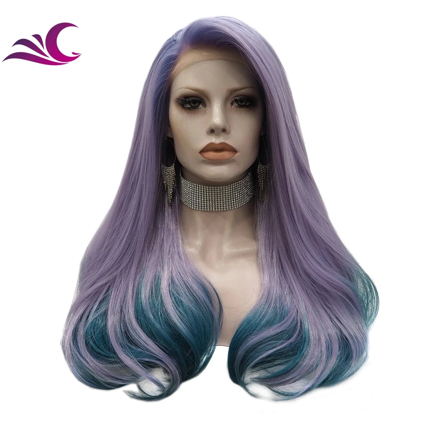 20 Inches / S-W88361-2116 Celebrity New Design Ombre Purple Color End Blue Shoulder Length High Temperature Fiber Synthetic Lace Hair Wigs for Cosplay