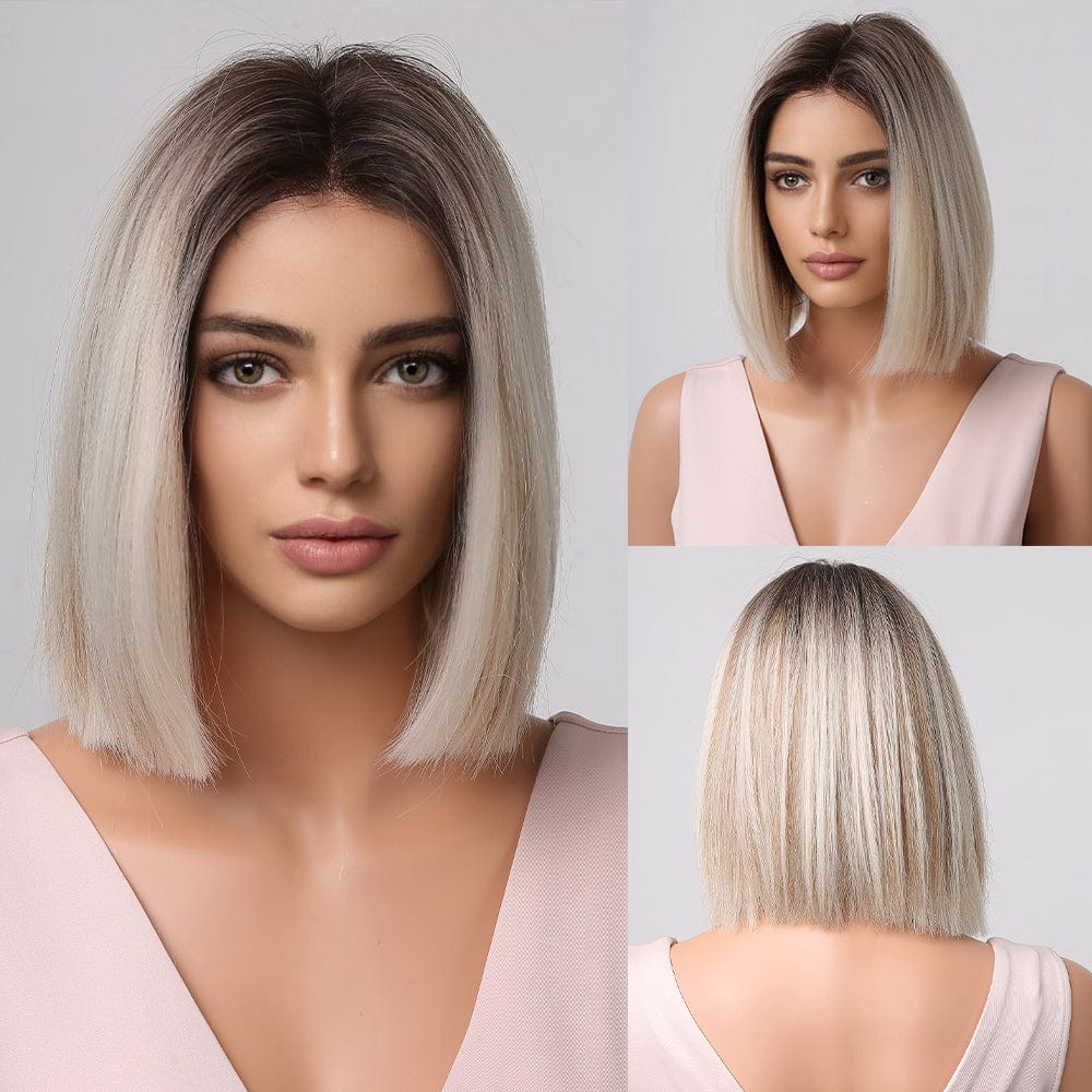 2012-1 Factory stock Short Straight Synthetic Wigs for Women Blonde to Brown Ombre Bob Wigs with Bangs Daily Heat Resistant Hair