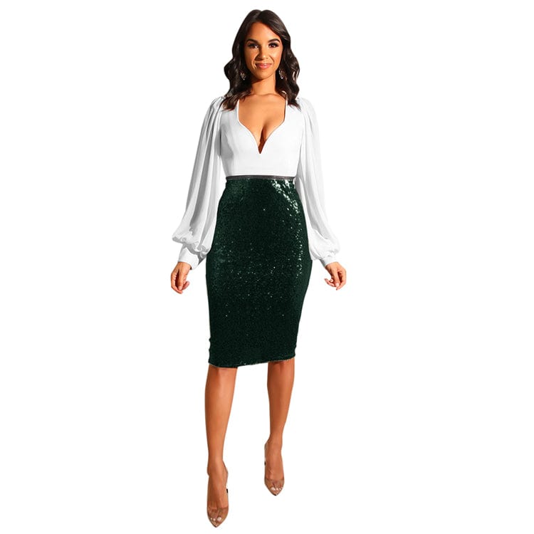 2019 Fashion Solid Color Sequin Skirt High Waist Sparkle Pencil Women Skirt