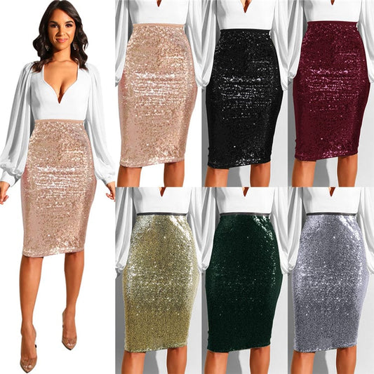 2019 Fashion Solid Color Sequin Skirt High Waist Sparkle Pencil Women Skirt