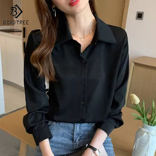 2022 Autumn New Korean Retro Simple Shirt Ladies Solid Color Thin Long-Sleeved Basic Turn Down Collar Shirt For Women T28815X