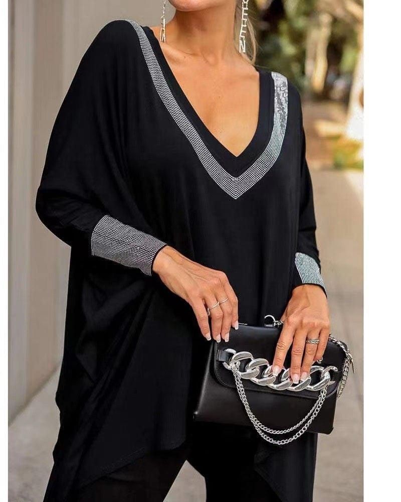 2022 Autumn New Station Fashion V-Neck Sequins Stitching Dress
