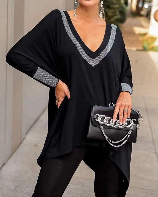 2022 Autumn New Station Fashion V-Neck Sequins Stitching Dress