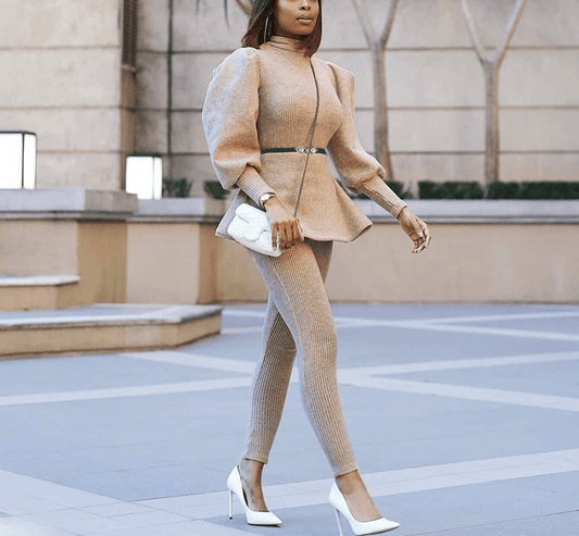 2022 Autumn Winter Oversized Waist Belt Women Casual Two Pieces Set