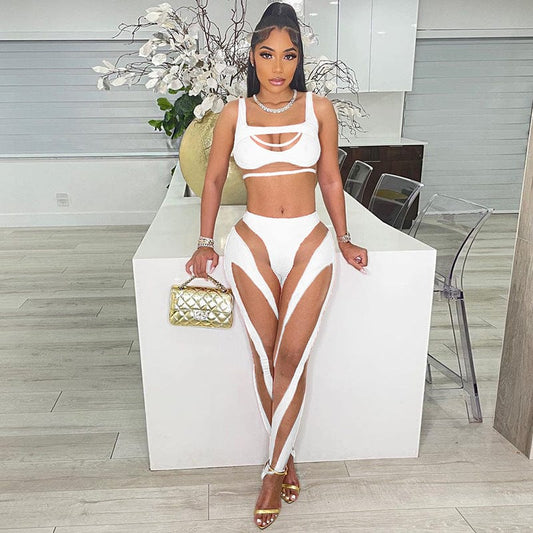 2022 Bandage Mesh Cut Out Crop Top Mesh Patchwork Two Pieces Set Party Club Stretchy Outfit women sweatsuit set tracksuit