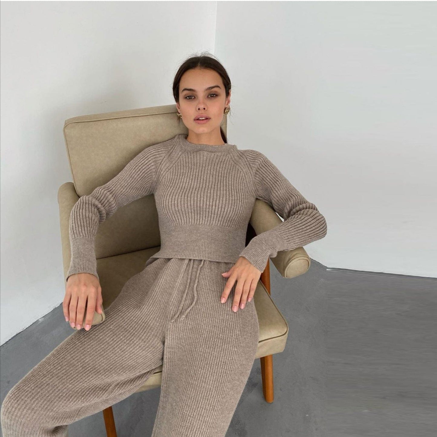 2022 casual fashion women's solid color cardigan long-sleeved knitted trousers sweater two-piece suit