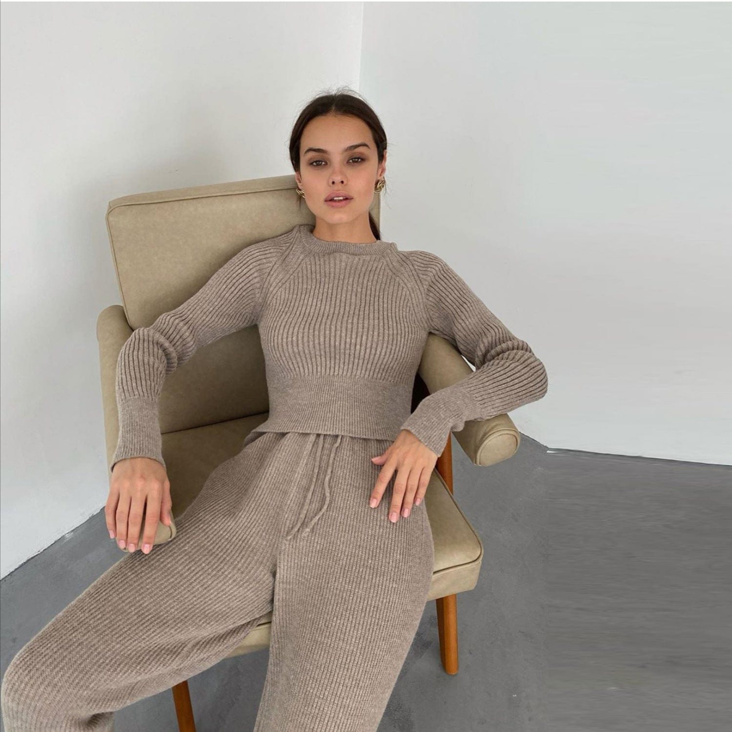 2022 casual fashion women's solid color cardigan long-sleeved knitted trousers sweater two-piece suit