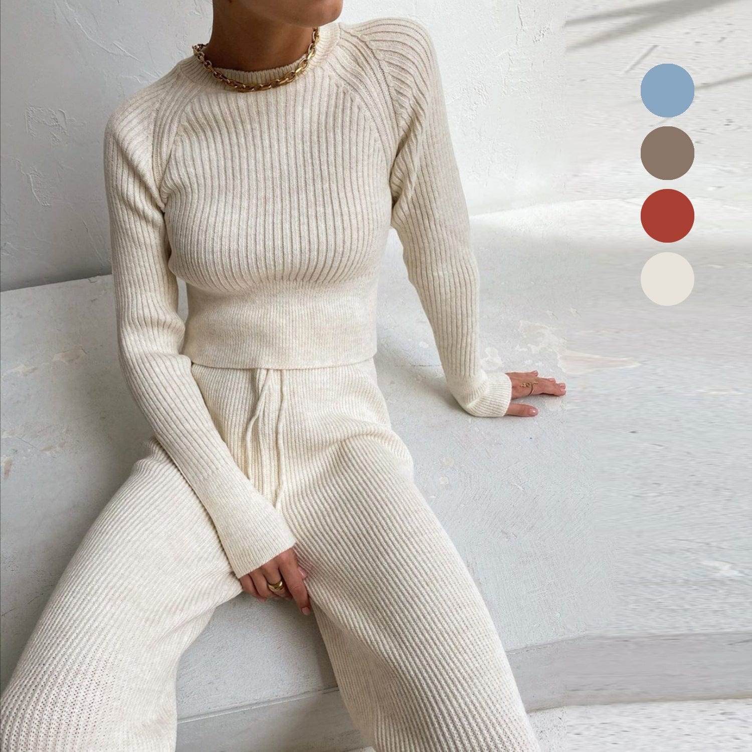 2022 casual fashion women's solid color cardigan long-sleeved knitted trousers sweater two-piece suit