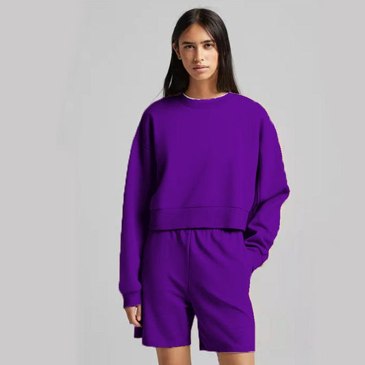2022 Fashion Female Jogger Shorts And Long Sleeve Round Neck Sweatshirt Solid Color Sets Women's Two Piece Crop Top Shorts Set