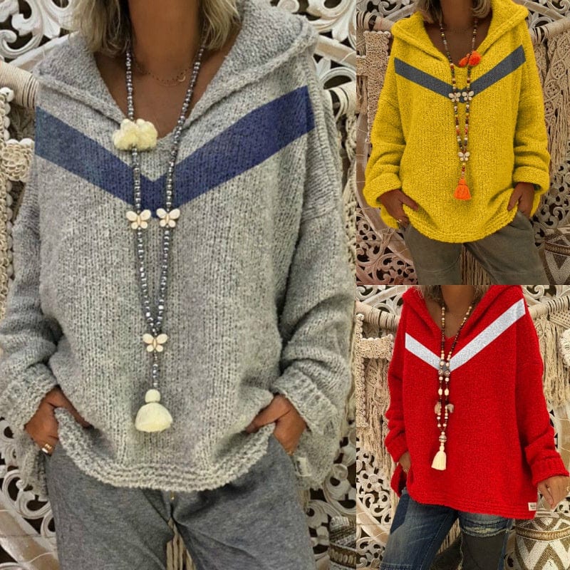2022 Fashion Hooded Knit Sweater Top Blue V-Neck Plus Size Women's Clothing