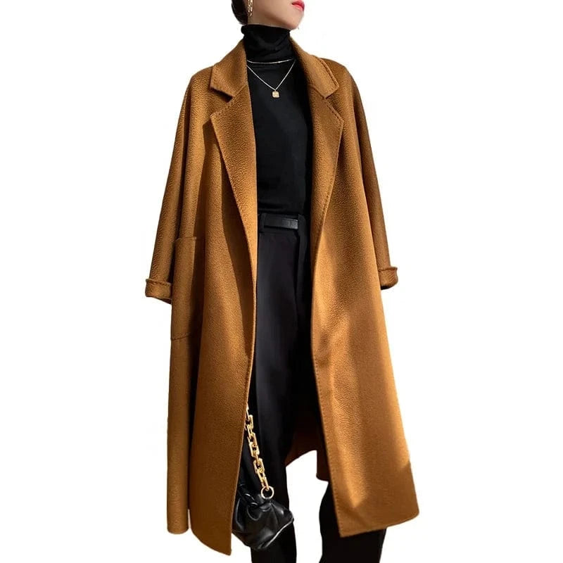 2022 Fashion Wool Coats For Ladies Belted Casual Outerwear Cashmere Coat Long