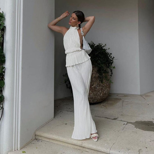 2022 Hot Sale Elegant Casual Loose Pleated Halter Tank Tops 2 Piece Pants Sets Wide Leg Pants Lounge Wear Women Two Piece Set
