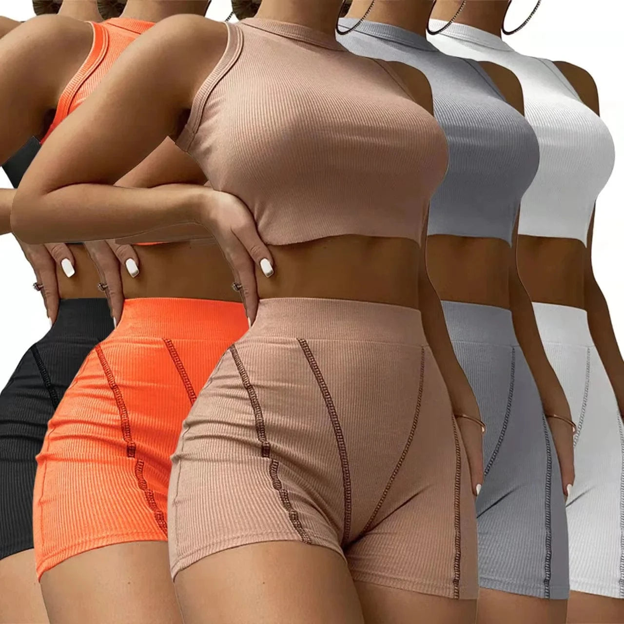 2022 INS Hot Ribbed Stretchy Fabric Crew Neck Crop Top and Shorts Pants Outfit Women Casual Two Piece Set