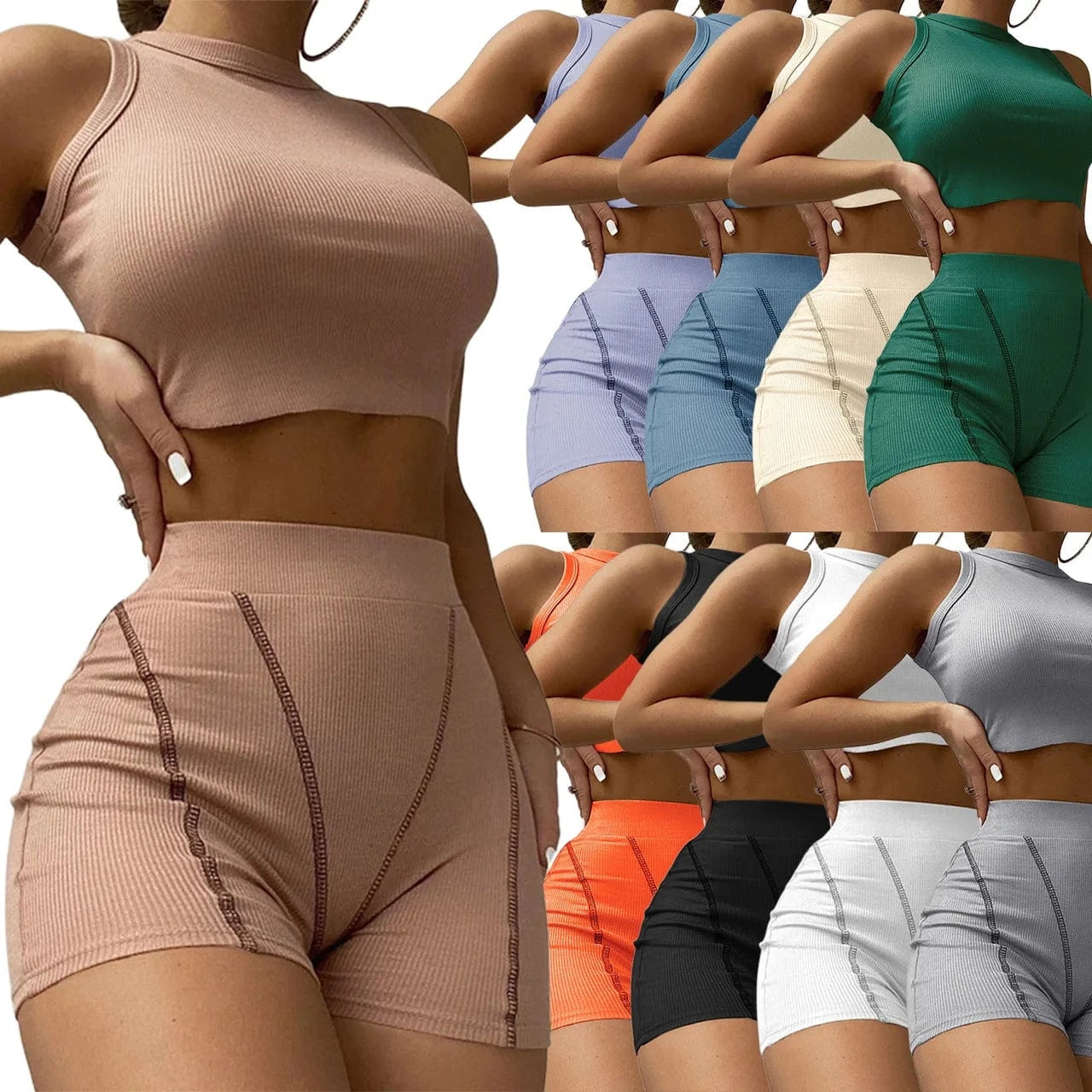2022 INS Hot Ribbed Stretchy Fabric Crew Neck Crop Top and Shorts Pants Outfit Women Casual Two Piece Set