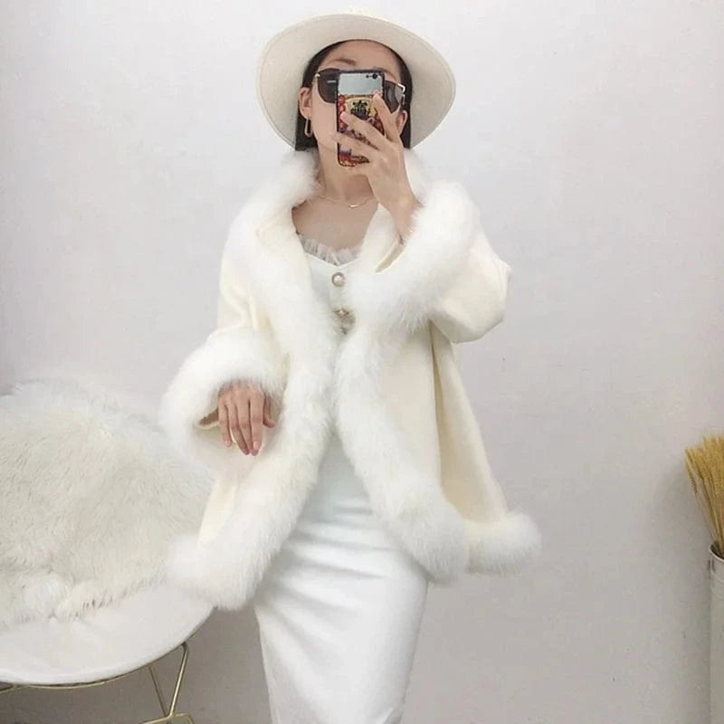 2022 Ladies Wool Coats Thick Warm Cashmere Winter Coat With Fox Fur Trim Collar