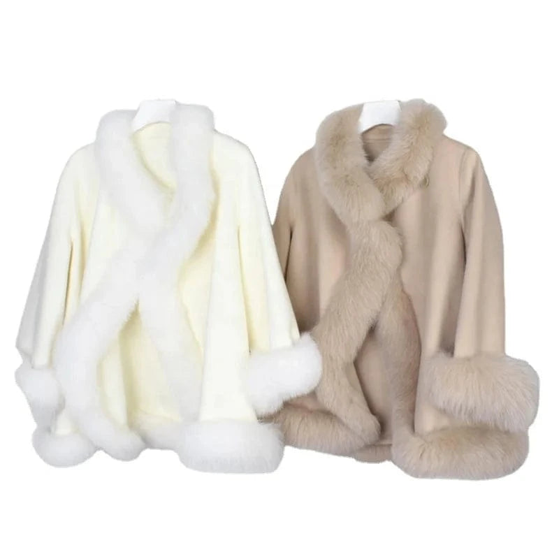 2022 Ladies Wool Coats Thick Warm Cashmere Winter Coat With Fox Fur Trim Collar