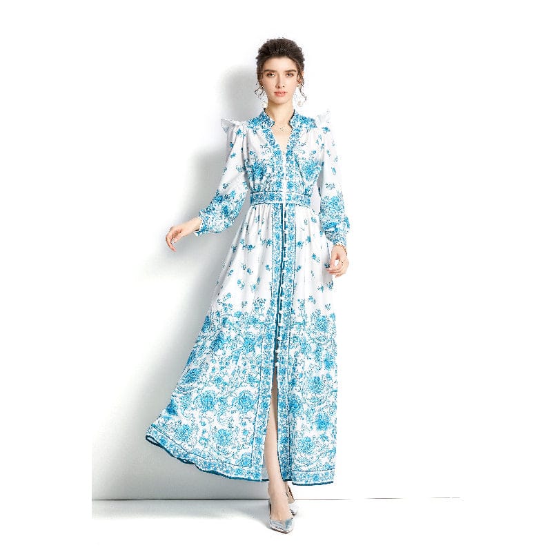 2022 Long Sleeve V Neck Women Print Casual Dress Ladies Fashionable Slim Elegant Casual Maxi Dresses For Date