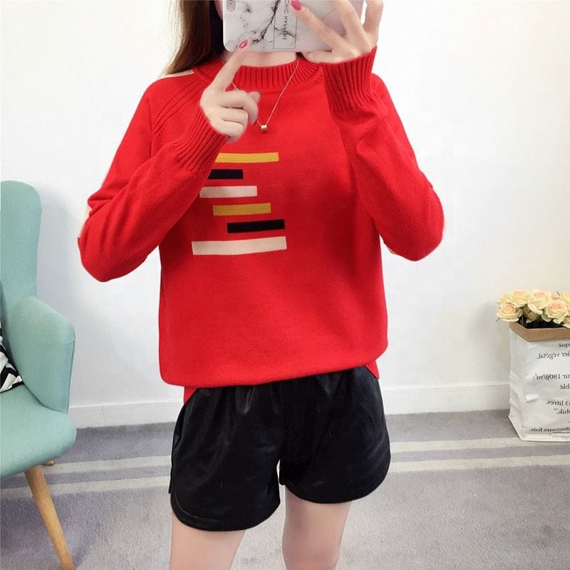 2022 NEW ARRIVAL Korean Style Crew Neck Patchwork Print Stripe Woman Sweater