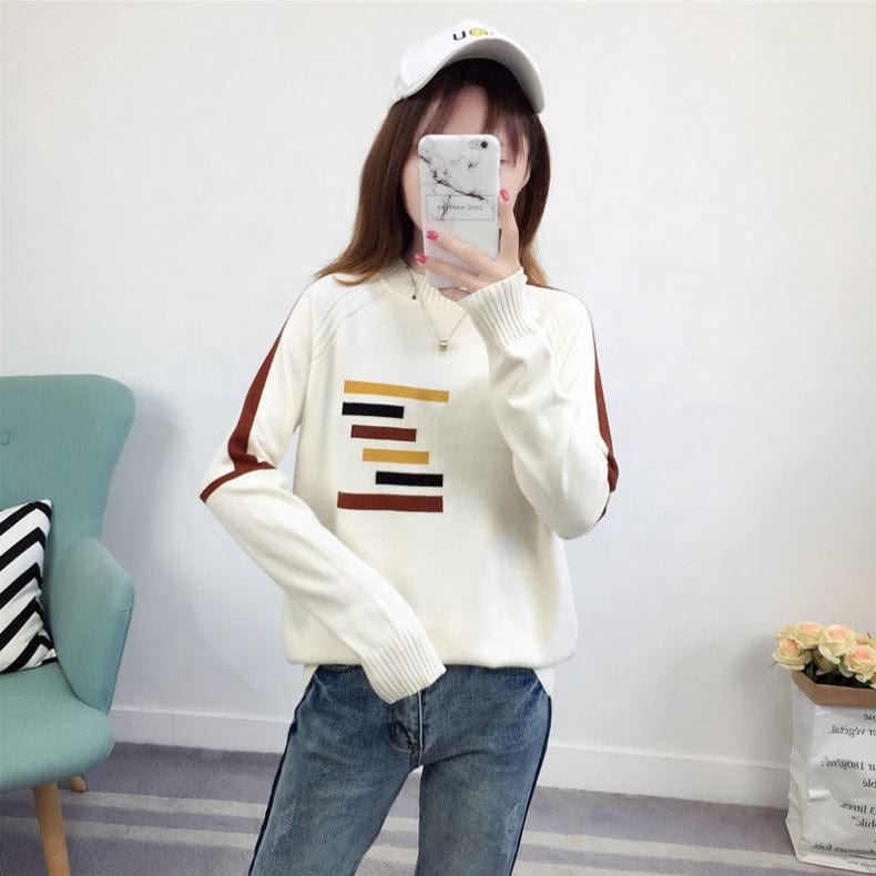 2022 NEW ARRIVAL Korean Style Crew Neck Patchwork Print Stripe Woman Sweater