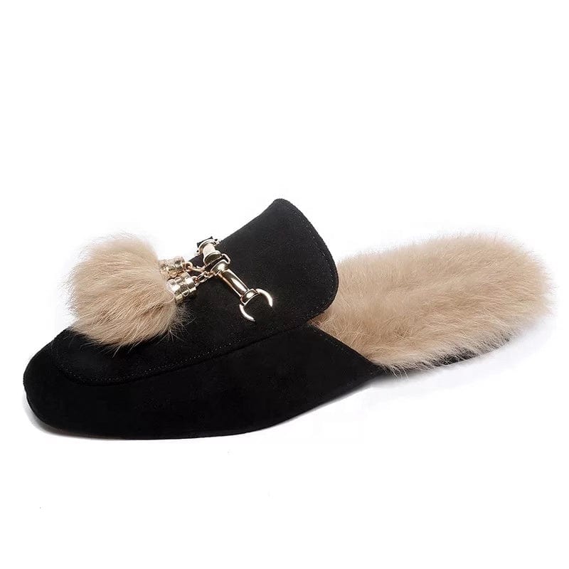 2022 New Arrival Winter Mules Rabbit Fur Shoes Women Slippers With Metal Chain Tassel Decoration
