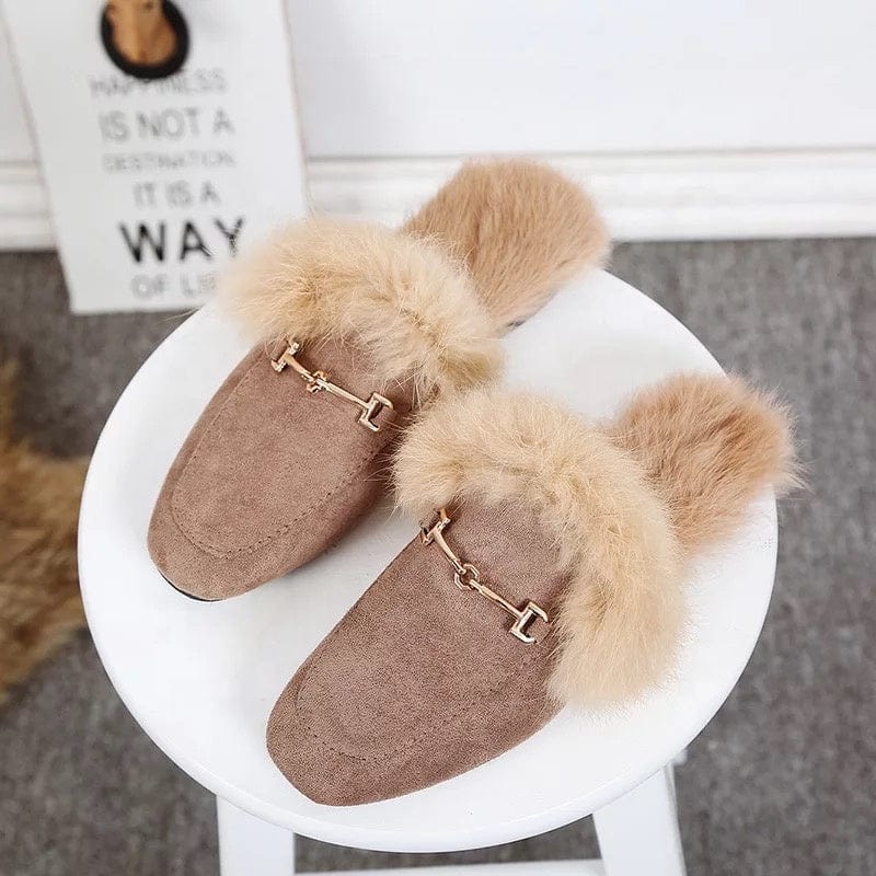 2022 New Arrival Winter Mules Rabbit Fur Shoes Women Slippers With Metal Chain Tassel Decoration