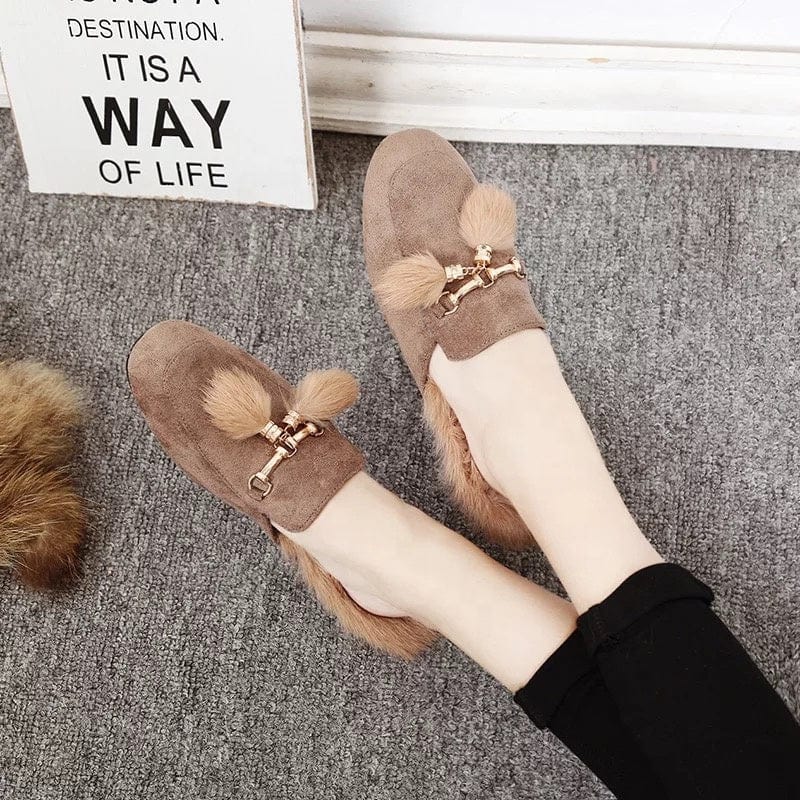 2022 New Arrival Winter Mules Rabbit Fur Shoes Women Slippers With Metal Chain Tassel Decoration