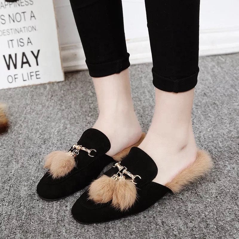 2022 New Arrival Winter Mules Rabbit Fur Shoes Women Slippers With Metal Chain Tassel Decoration
