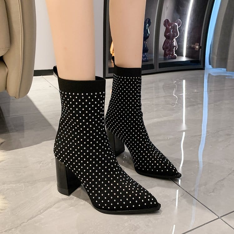 2022 new arrival women plus size cusp mouth rhinestone transparent high heels short booties stretchy sexy customized logo boots